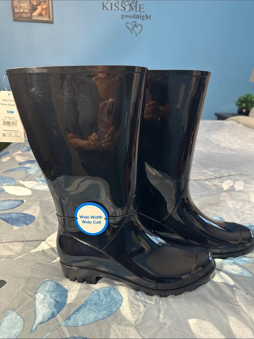 🖤 NWTS Time and Tru Women's Wide Calf Glossy Black Rain Boots Sz 10 wide 🖤